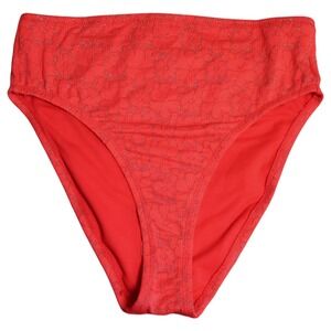 Jessica Simpson High Waist Bikini Bottom S Red Floral Texture Shimmer July 4th